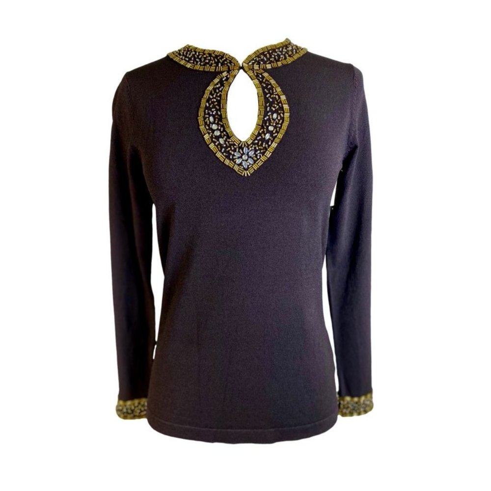 Brown Knit Top Gold Sequin Crystal Beading Sleeves